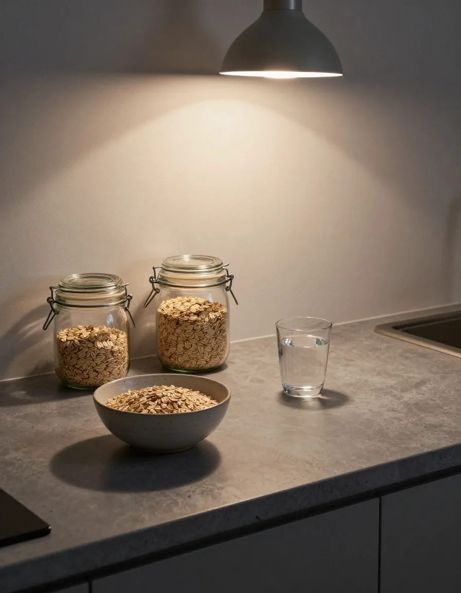 A plain kitchen counter at dusk with a bowl of oats, glass jars and a glass of water under one warm lamp