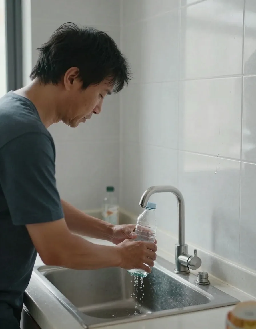 A man filling a glass water bottle at a kitchen tap in the late afternoon