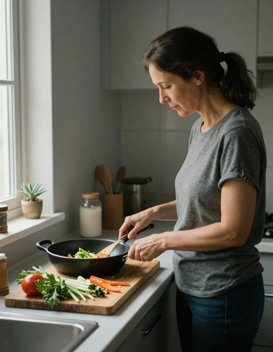 A woman preparing a simple evening meal at a plain kitchen counter