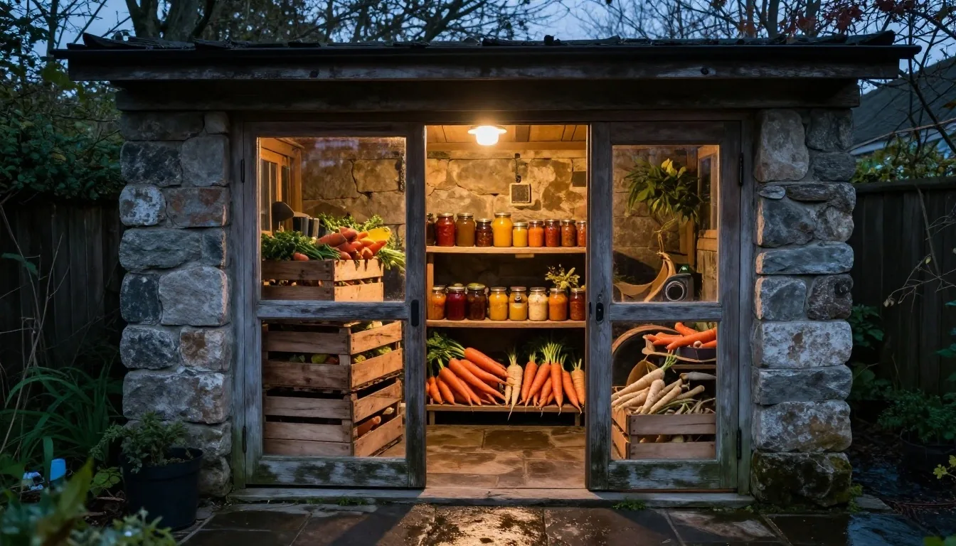 A sorting shed at dusk with wooden crates and wet stone floor lit by one warm lamp