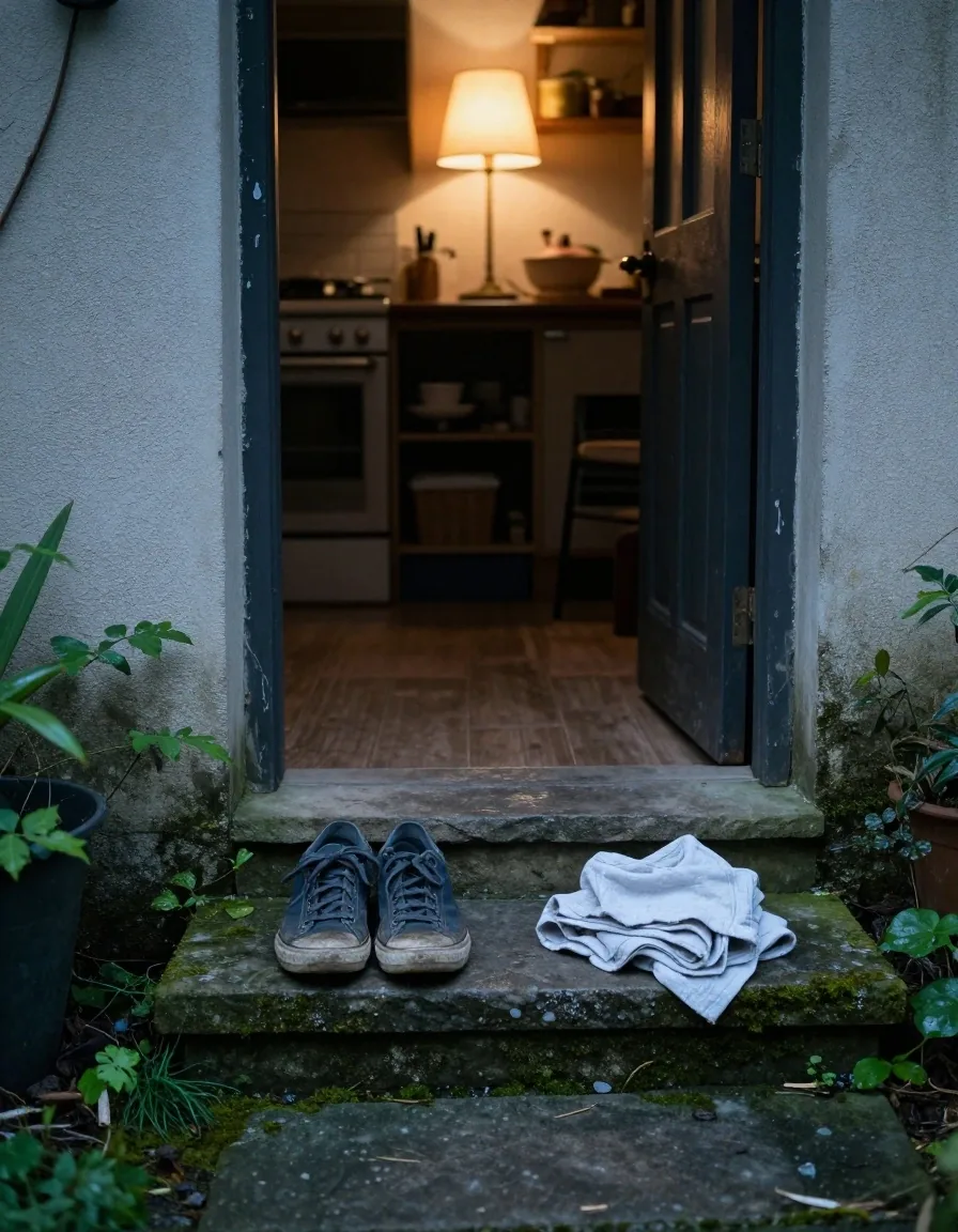 Trainers by an open back door onto a small garden at dusk