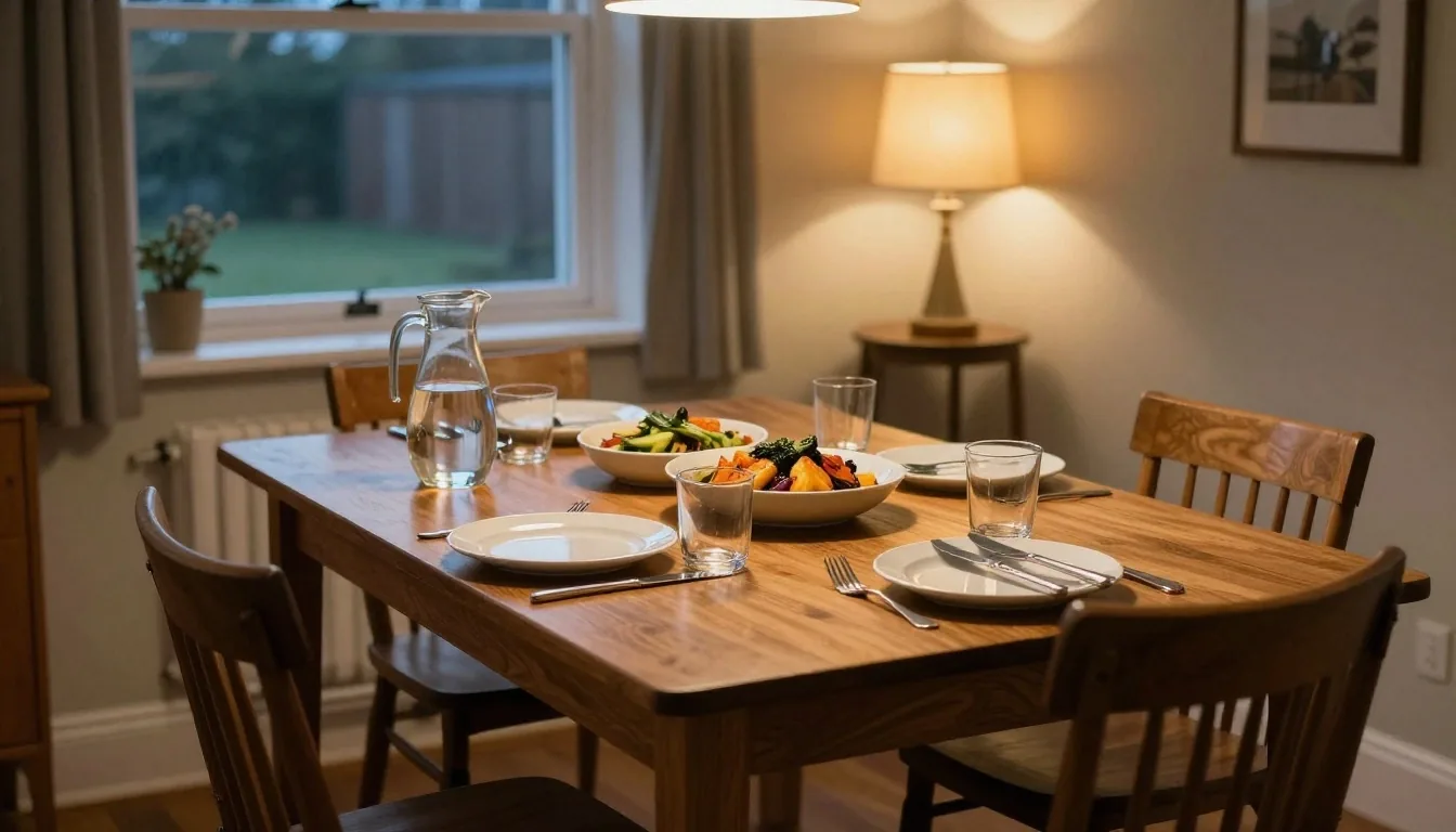 A family kitchen at dusk with a weekday meal plated and a bowl of vegetables set to one side